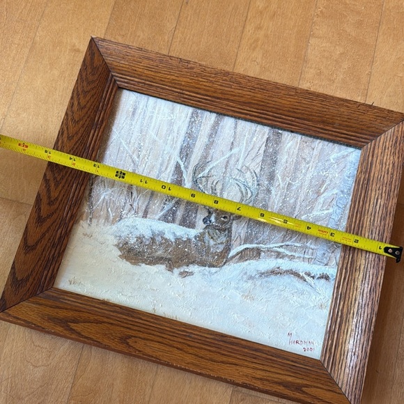 Vintage Hunt painted oil on board deer in winter scene signed vintage oak frame - Picture 9 of 10